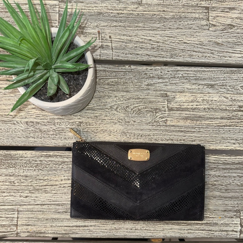 Michael Kors Jet Set black Saffiano textured black snake clutch, MK
